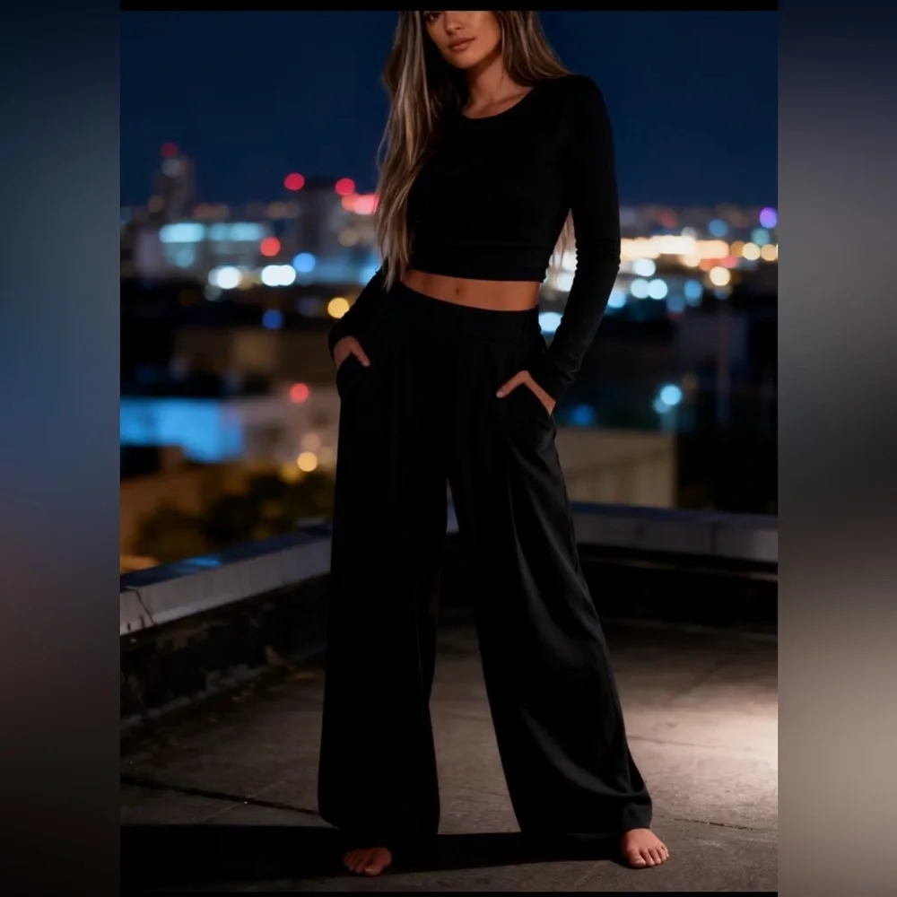 Elegant Black 2 Piece Outfit Long Sleeve, High Wait Wide Leg Pants - Picture 6 of 8